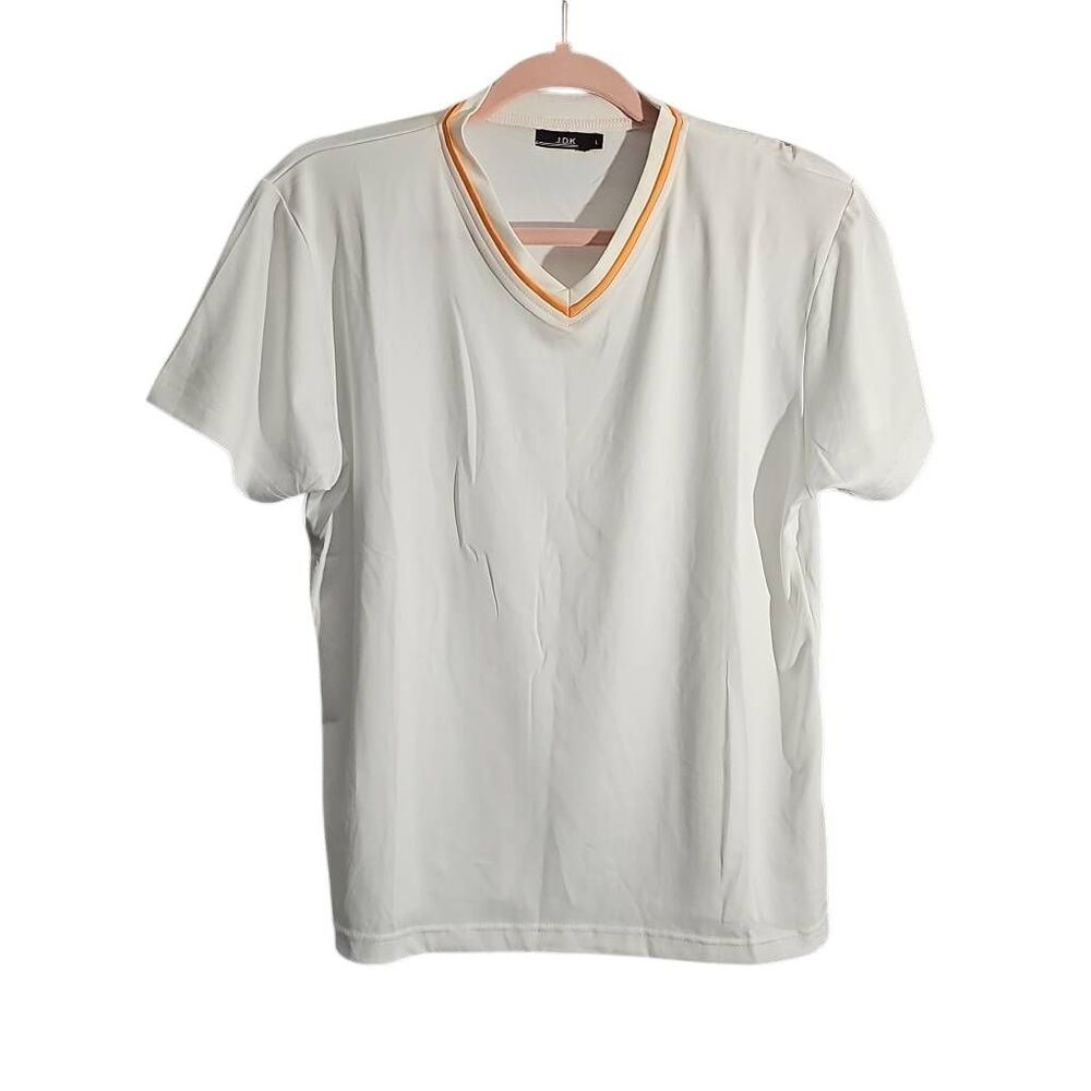 J.D.K White Short Sleeve t-shirt with Orange ribbed V-neck collar. Size Large